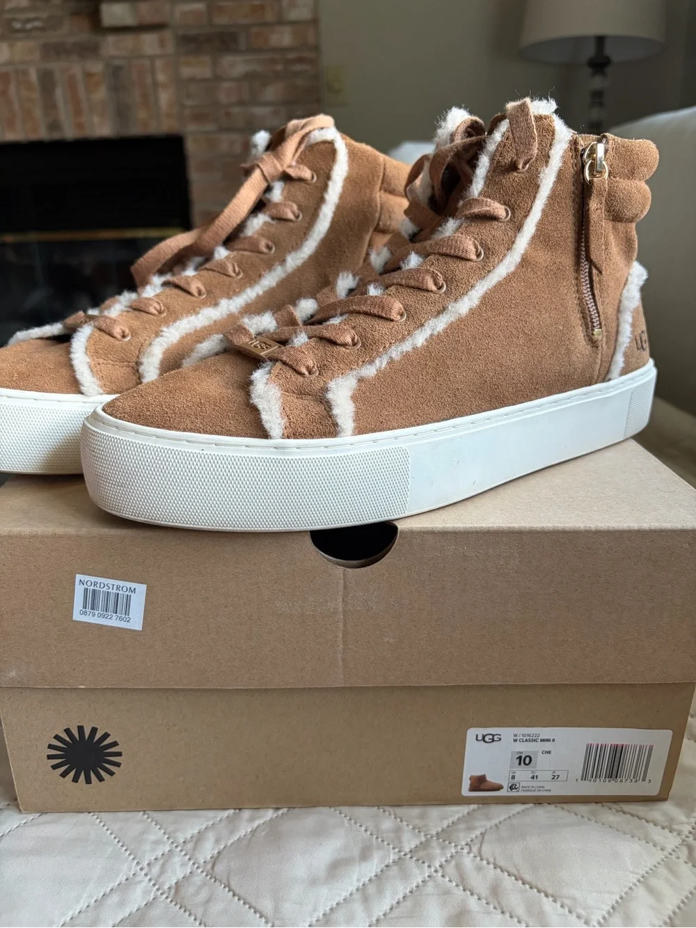 UGG Chestnut Suede High-Top Sneakers with Shearling Trim